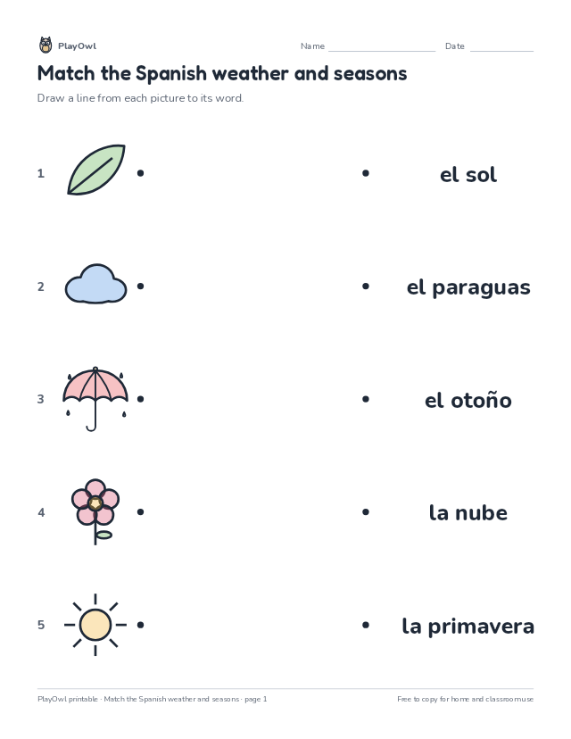 Match the Spanish weather and seasons: vocabulary worksheet for Grade 3, page 1 preview