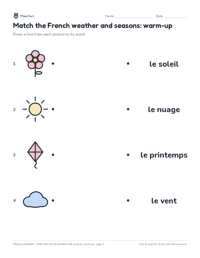 Match the French weather and seasons: warm-up: vocabulary worksheet for Grade 3, page 1 preview