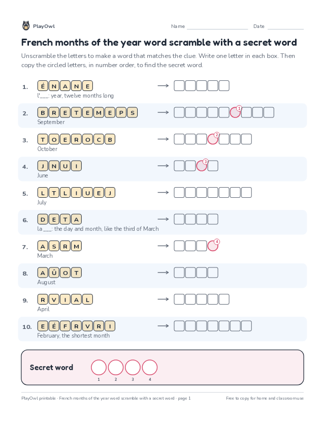 French months of the year word scramble with a secret word: word scramble for Grade 3, page 1 preview