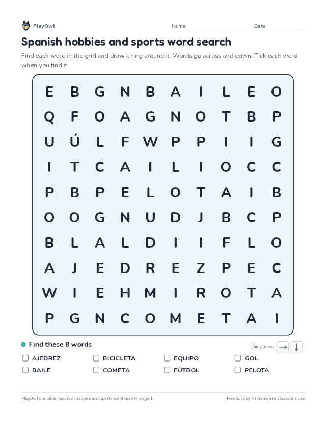 Spanish hobbies and sports word search: word search for Grade 3, page 1 preview