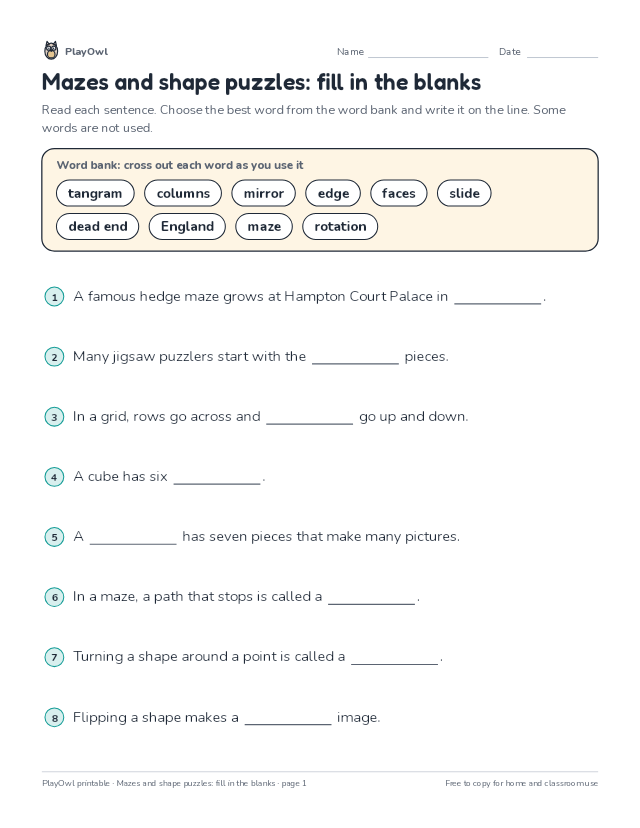 Mazes and shape puzzles: fill in the blanks: fill-in-the-blank worksheet for Grade 3, page 1 preview