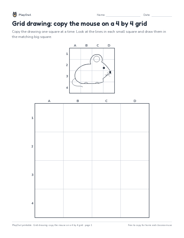 Grid drawing: copy the mouse on a 4 by 4 grid: grid drawing worksheet for Grade 3, page 1 preview