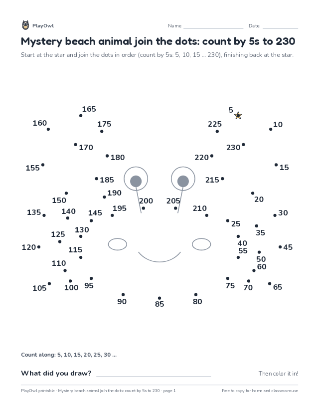 Mystery beach animal join the dots: count by 5s to 230: dot-to-dot for Grade 3, page 1 preview