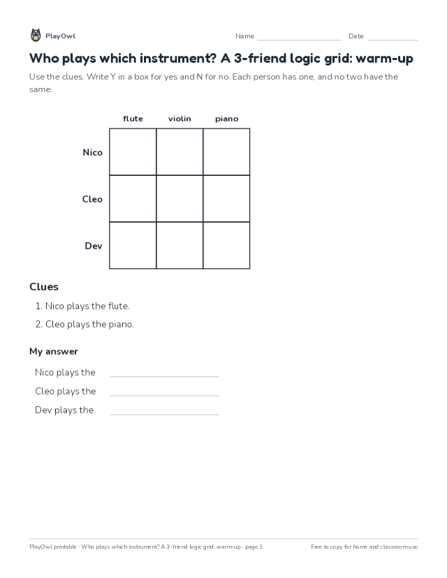 Who plays which instrument? A 3-friend logic grid: warm-up: logic puzzle for Grade 3, page 1 preview