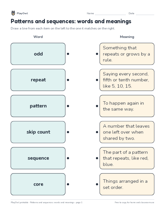 Patterns and sequences: words and meanings: matching worksheet for Grade 3, page 1 preview