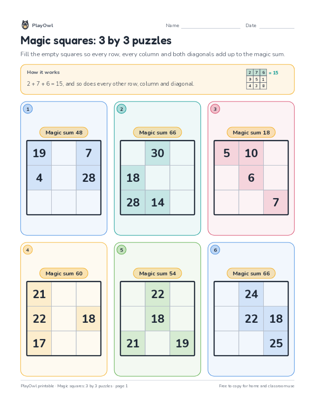 Magic squares: 3 by 3 puzzles: math puzzle for Grade 3, page 1 preview