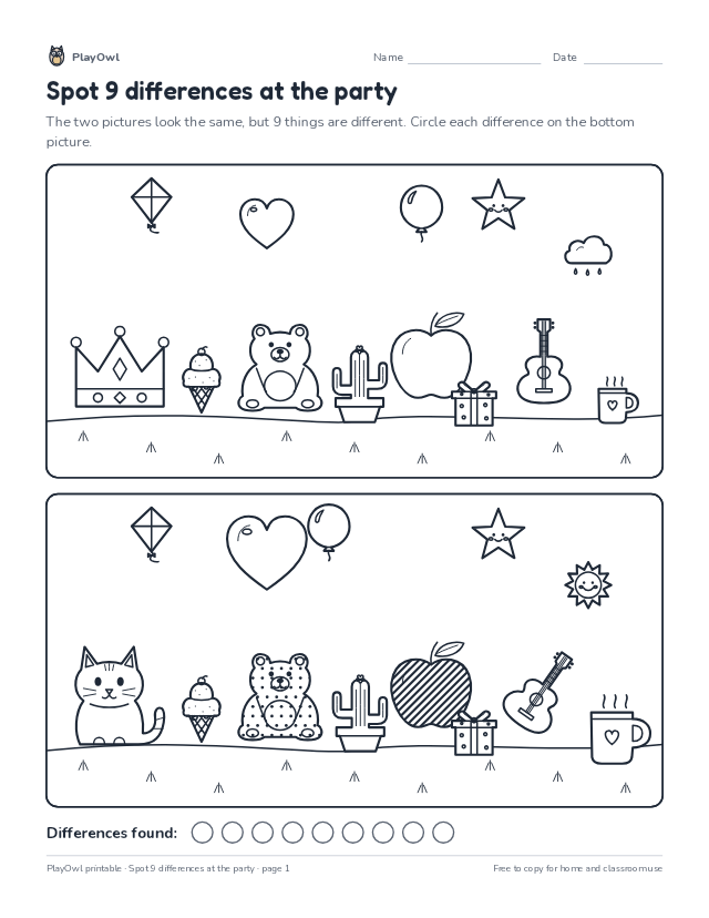 Spot 9 differences at the party: spot the difference puzzle for Grade 3, page 1 preview