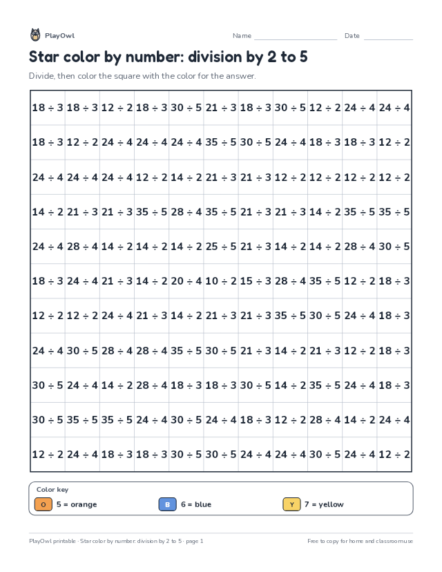 Star color by number: division by 2 to 5: color-by-number page for Grade 3, page 1 preview