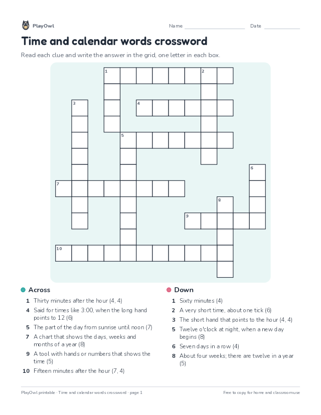 Time and calendar words crossword: crossword puzzle for Grade 3, page 1 preview