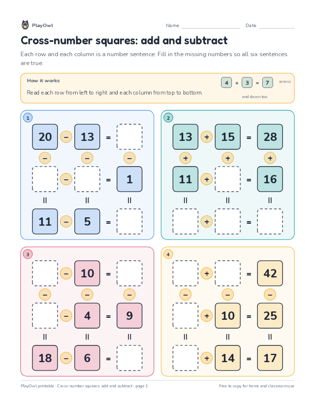 Cross-number squares: add and subtract: math puzzle for Grade 3, page 1 preview