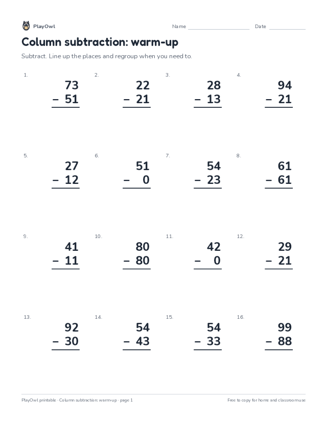 Column subtraction: warm-up: math worksheet for Grade 3, page 1 preview