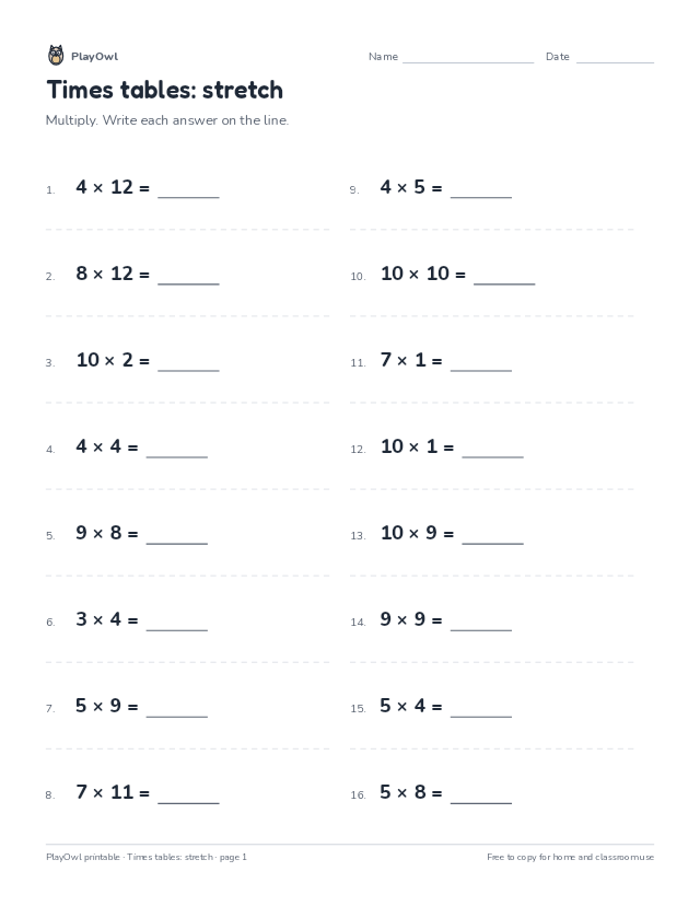 Times tables: stretch: math worksheet for Grade 3, page 1 preview