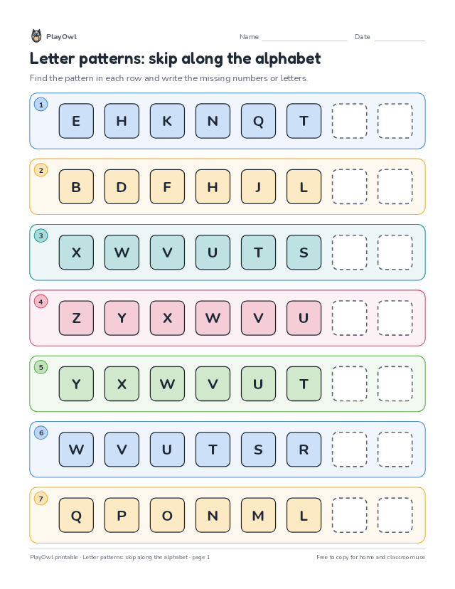 Letter patterns: skip along the alphabet: math pattern worksheet for Grades 3–5, page 1 preview