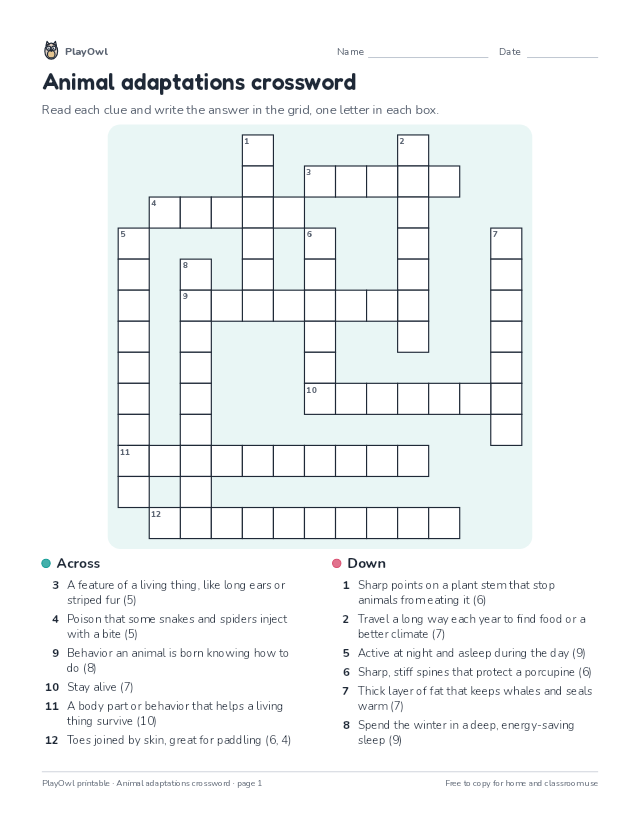 Animal adaptations crossword: crossword puzzle for Grade 3, page 1 preview