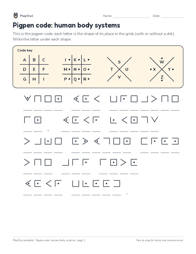 Pigpen code: human body systems: secret code puzzle for Grade 3, page 1 preview