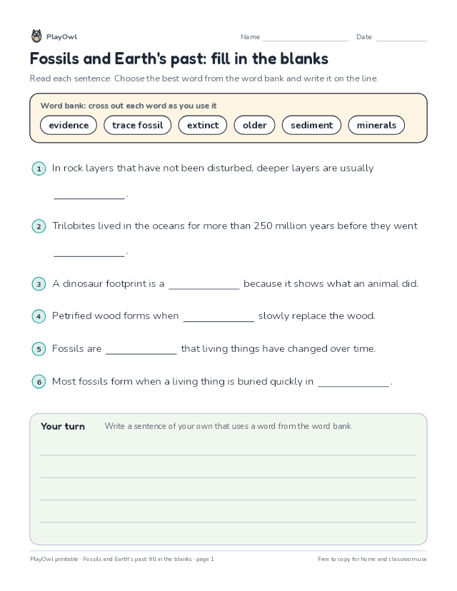 Fossils and Earth's past: fill in the blanks: fill-in-the-blank worksheet for Grade 3, page 1 preview