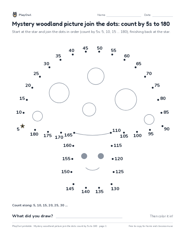 Mystery woodland picture join the dots: count by 5s to 180: dot-to-dot for Grade 3, page 1 preview