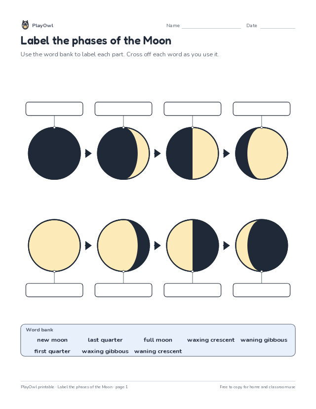 Label the phases of the Moon: science diagram worksheet for Grade 3, page 1 preview