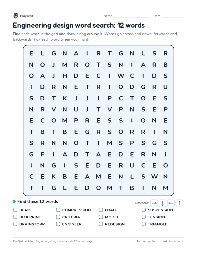 Engineering design word search: 12 words: word search for Grade 3, page 1 preview