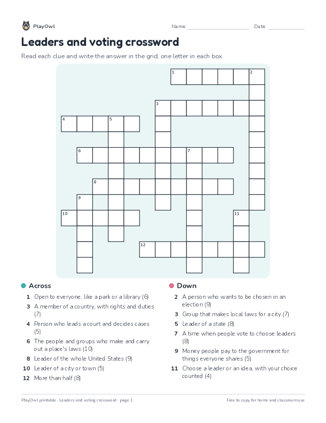 Leaders and voting crossword: crossword puzzle for Grade 3, page 1 preview