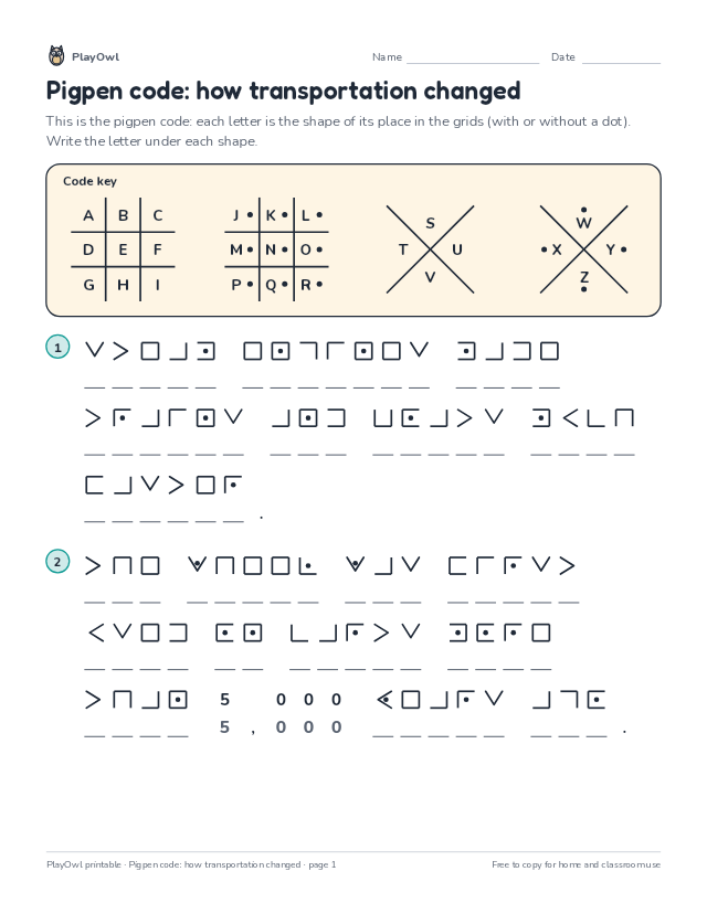 Pigpen code: how transportation changed: secret code puzzle for Grade 3, page 1 preview