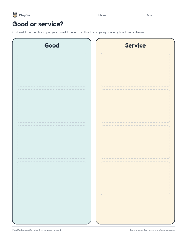 Good or service?: cut-and-sort worksheet for Grades 3–4, page 1 preview