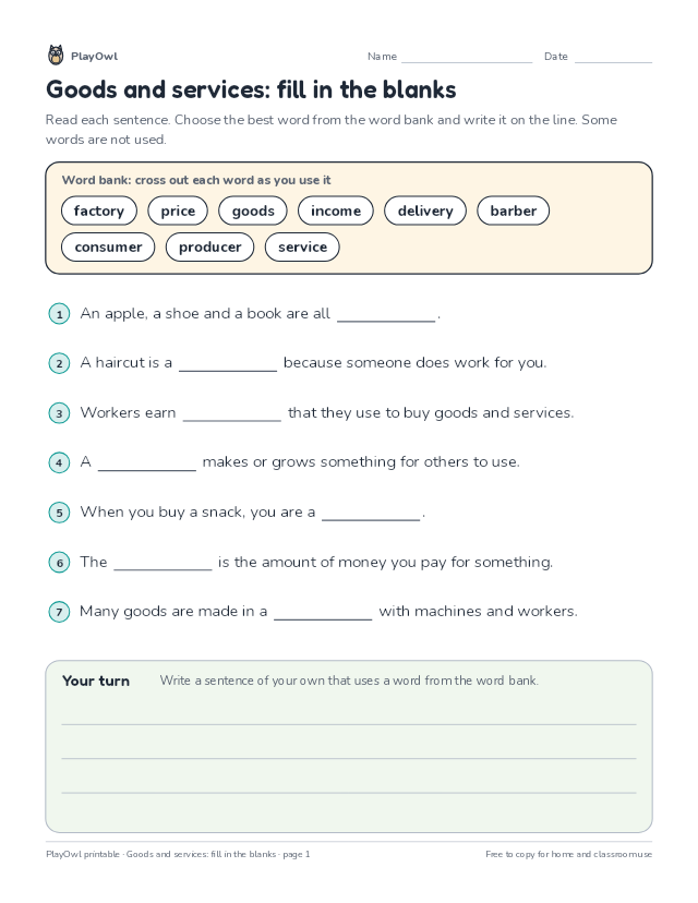 Goods and services: fill in the blanks: fill-in-the-blank worksheet for Grade 3, page 1 preview