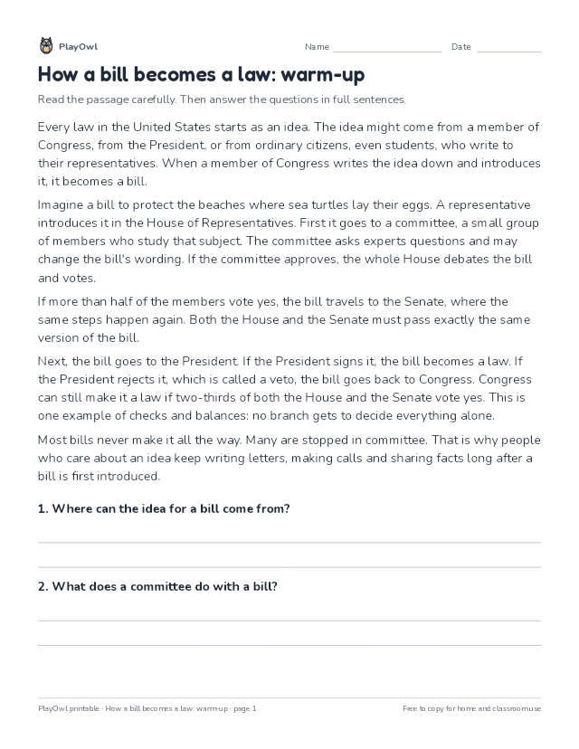 How a bill becomes a law: warm-up: reading passage for Grade 3, page 1 preview