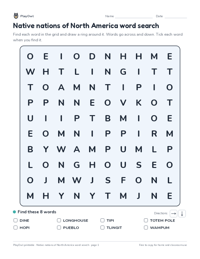 Native nations of North America word search: word search for Grade 3, page 1 preview