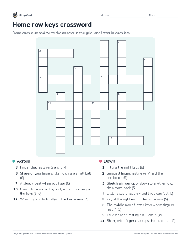 Home row keys crossword: crossword puzzle for Grade 3, page 1 preview