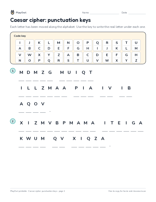 Caesar cipher: punctuation keys: secret code puzzle for Grade 3, page 1 preview