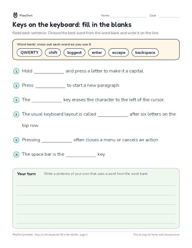 Keys on the keyboard: fill in the blanks: fill-in-the-blank worksheet for Grade 3, page 1 preview