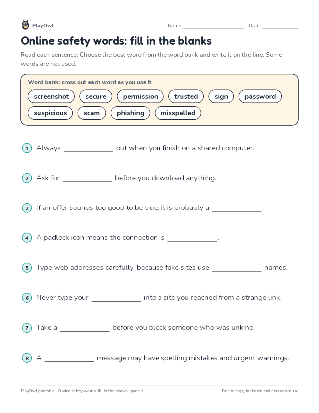 Online safety words: fill in the blanks: fill-in-the-blank worksheet for Grade 3, page 1 preview