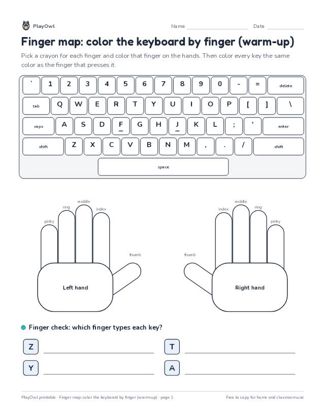 Finger map: color the keyboard by finger (warm-up): typing worksheet for Grade 3, page 1 preview