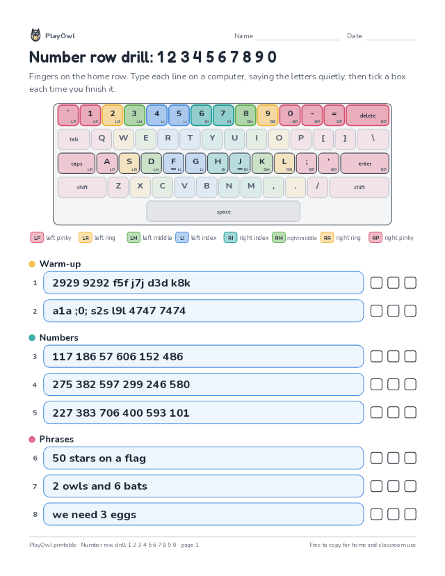 Number row drill: 1 2 3 4 5 6 7 8 9 0: typing worksheet for Grade 3, page 1 preview