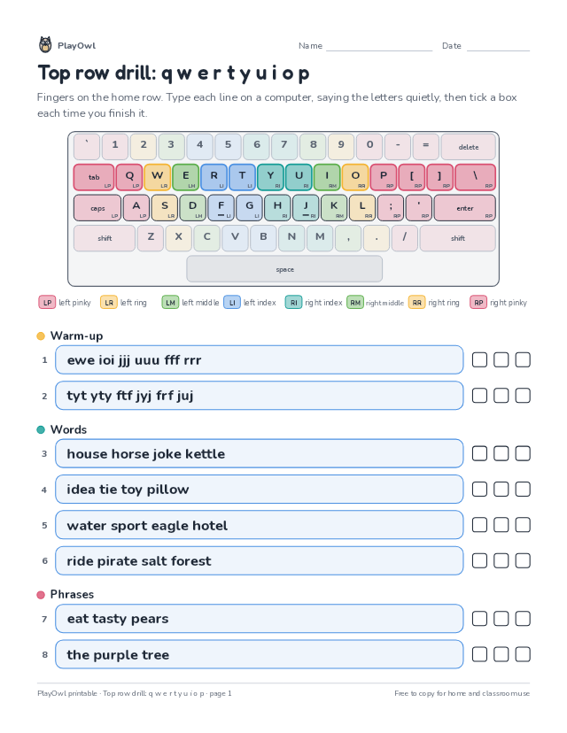 Top row drill: q w e r t y u i o p: typing worksheet for Grades 3–5, page 1 preview