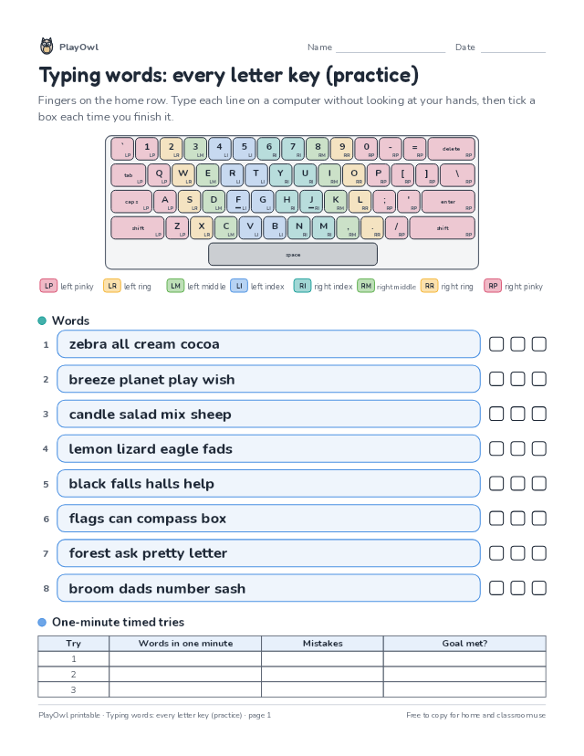 Typing words: every letter key (practice): typing worksheet for Grade 3, page 1 preview