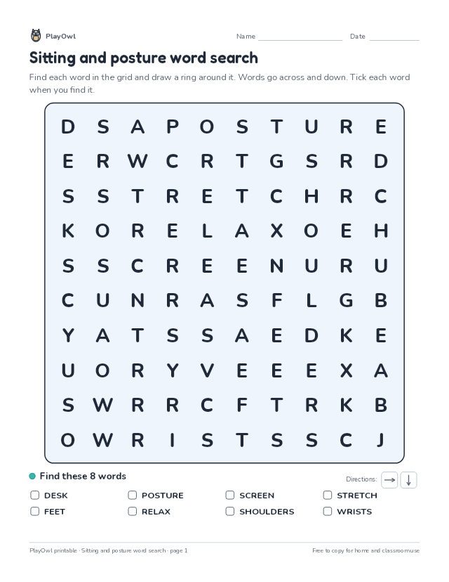 Sitting and posture word search: word search for Grade 3, page 1 preview