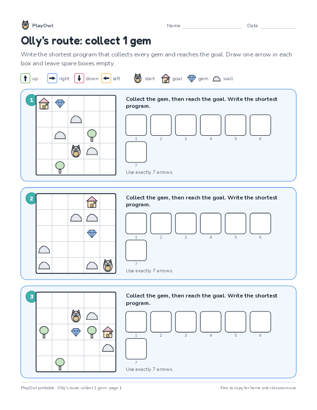 Olly's route: collect 1 gem: coding puzzle for Grade 4, page 1 preview