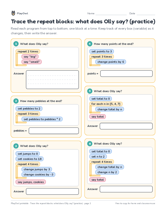 Trace the repeat blocks: what does Olly say? (practice): coding worksheet for Grade 4, page 1 preview