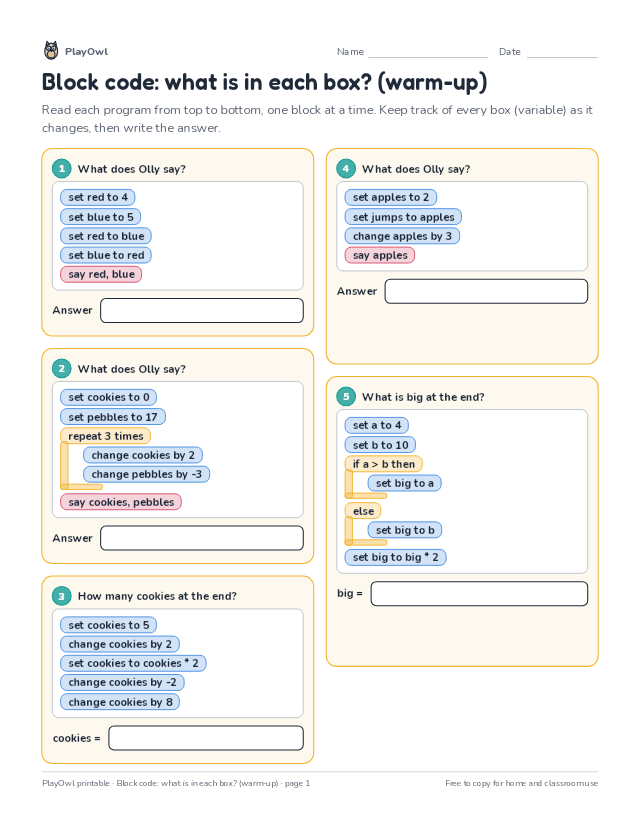 Block code: what is in each box? (warm-up): coding worksheet for Grades 4–5, page 1 preview