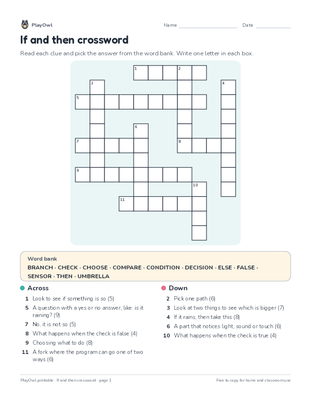 If and then crossword: crossword puzzle for Grade 4, page 1 preview