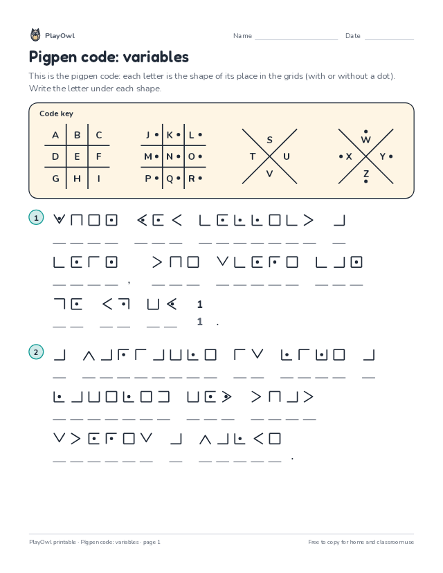 Pigpen code: variables: secret code puzzle for Grade 4, page 1 preview