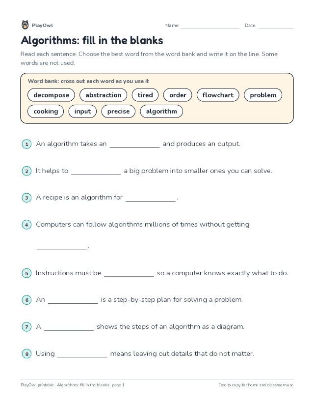 Algorithms: fill in the blanks: fill-in-the-blank worksheet for Grade 4, page 1 preview