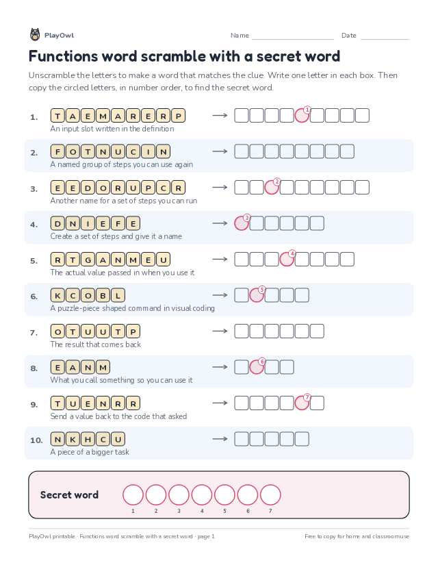 Functions word scramble with a secret word: word scramble for Grade 4, page 1 preview