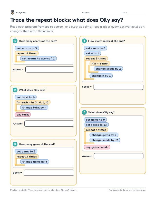 Trace the repeat blocks: what does Olly say?: coding worksheet for Grade 4, page 1 preview