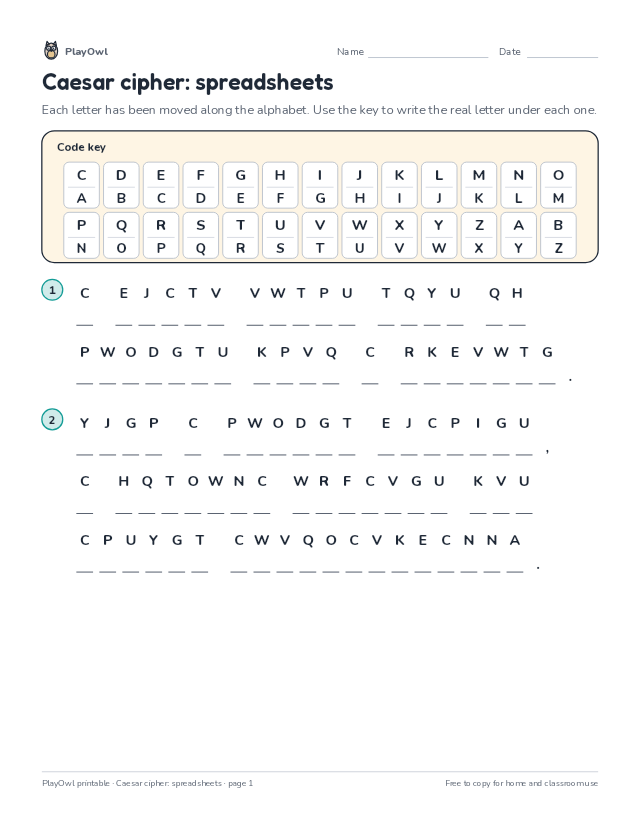 Caesar cipher: spreadsheets: secret code puzzle for Grade 4, page 1 preview