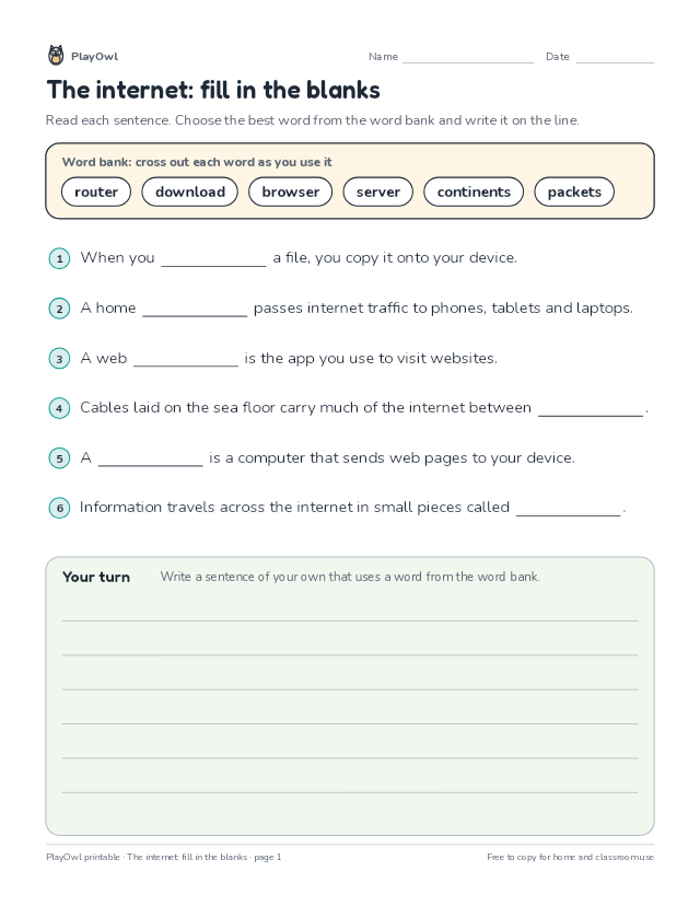 The internet: fill in the blanks: fill-in-the-blank worksheet for Grade 4, page 1 preview