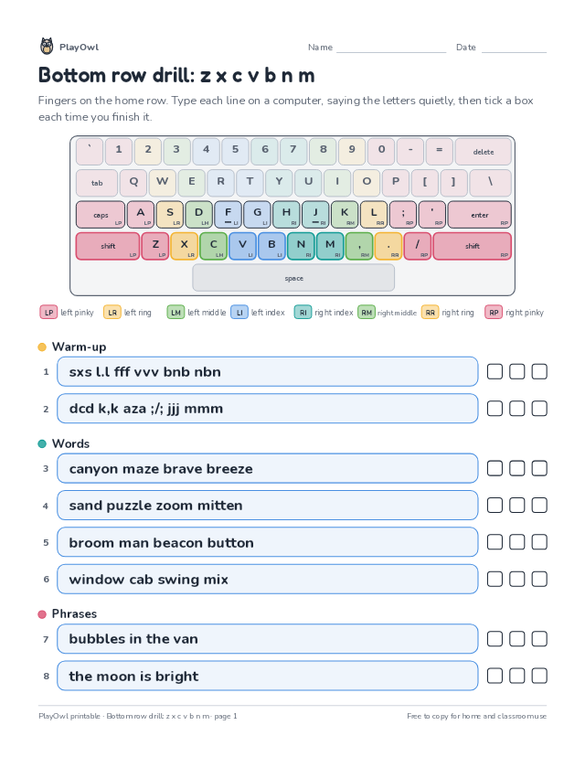 Bottom row drill: z x c v b n m: typing worksheet for Grade 4, page 1 preview