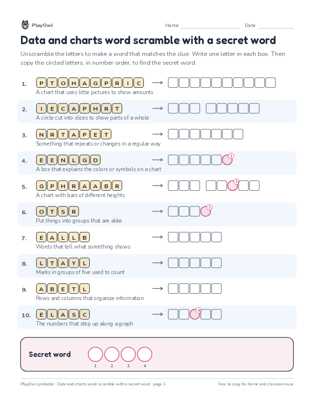 Data and charts word scramble with a secret word: word scramble for Grade 4, page 1 preview